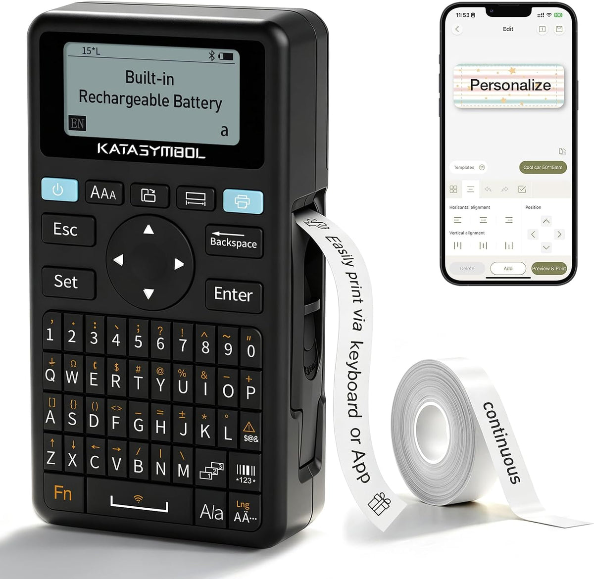 SUPVAN E11 Keyboard & Bluetooth Label Maker | Rechargeable Thermal Printer with 4 Tapes, 30+ Fonts & 660+ Icons
