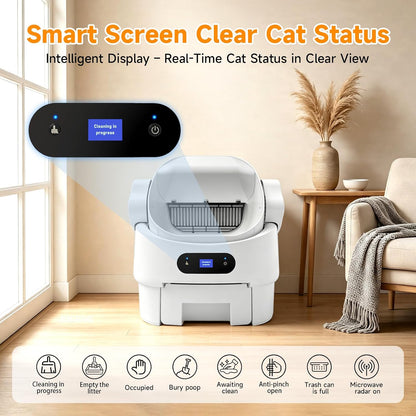 Self Cleaning Auto Litter Box Enclosure, Open-Top, Multiple Cats Safety Sensor Protection, Large Bin, Ultra Quiet, Easy Setup, Convenient Cleaning,Odor Control, Include Waste Bag, White