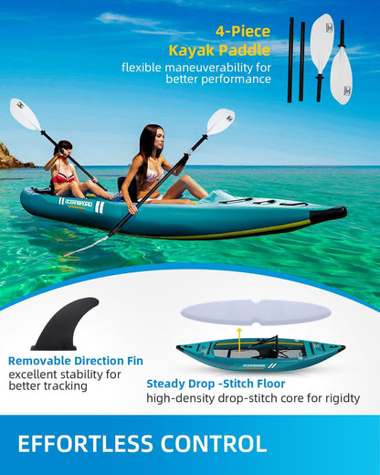 OCEANBROAD V420 Inflatable Sit-In Kayak, 2-Person Touring Kayak with Drop-Stitch Floor, 308 lb Capacity, Padded Seats, Paddle, Pump & Carry Bag, Blue