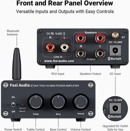 Fosi Audio BT20A Bluetooth Stereo Amplifier, 2 Channel Home Audio Component Amplifiers for Passive Speakers, Mini Class D Amp Receiver 200W for Indoor/Outdoor/Garage/Ceiling/Bookshelf Speaker