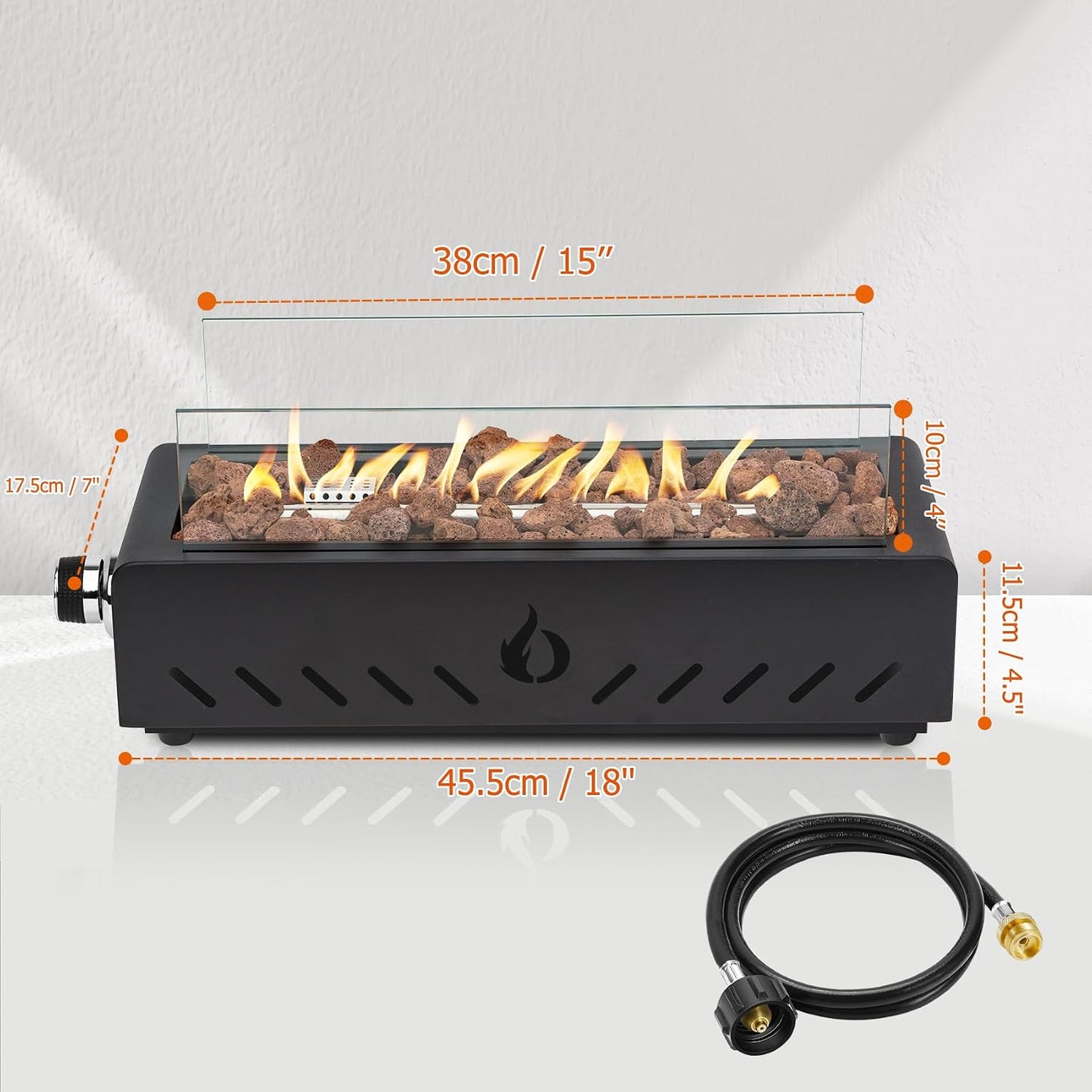 18" Propane Gas Fire Pit Side-Mounted, Portable Tabletop Fireplace, FP026 Modern Firepit with Lava Rocks, Glass Shield and 6.8FT Hose for Outdoor Patio Backyard Porch Camping RV Tailgating