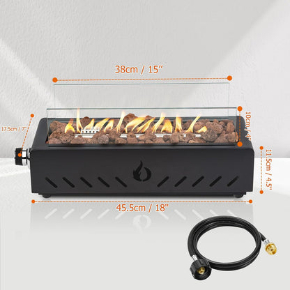 18" Propane Gas Fire Pit Side-Mounted, Portable Tabletop Fireplace, FP026 Modern Firepit with Lava Rocks, Glass Shield and 6.8FT Hose for Outdoor Patio Backyard Porch Camping RV Tailgating