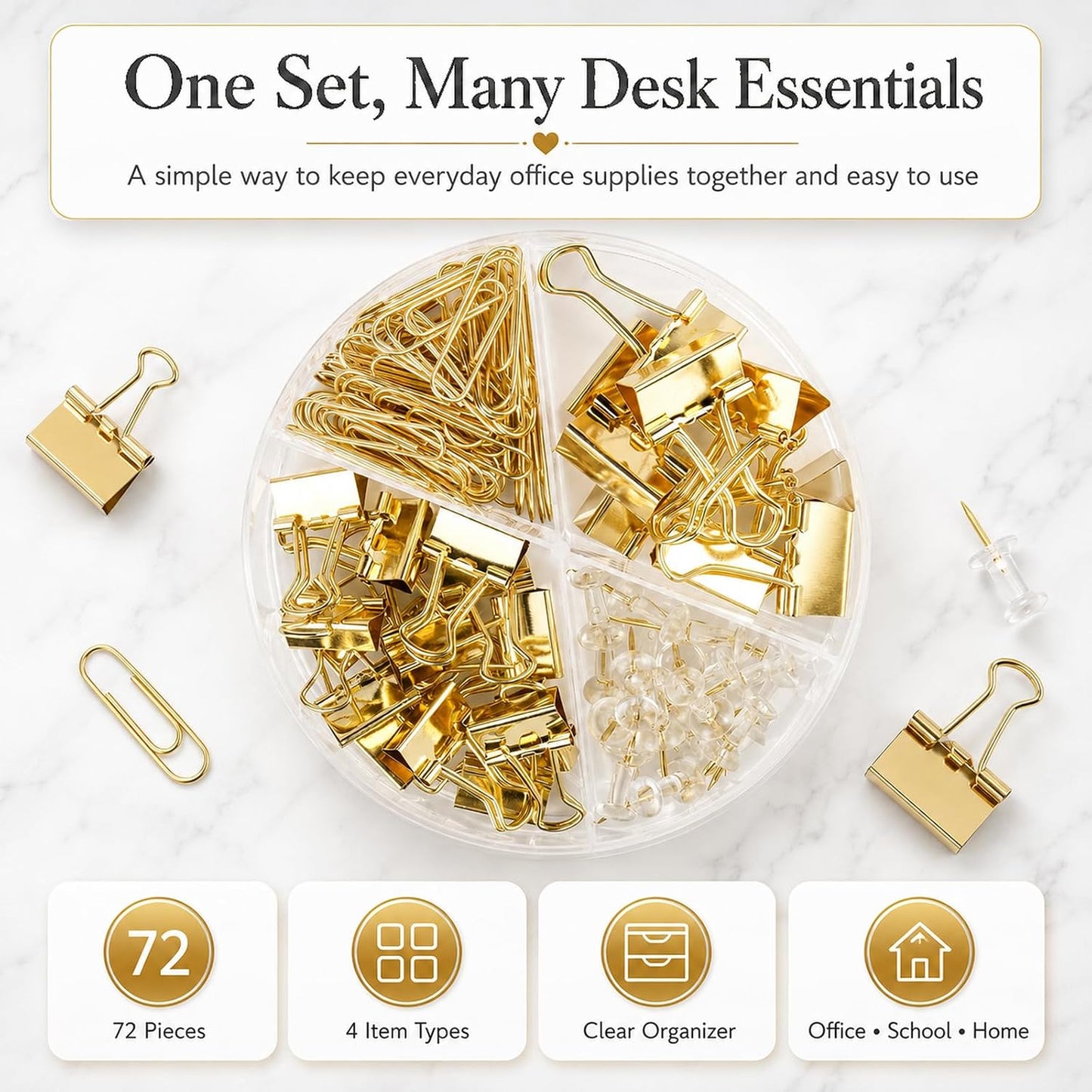 CREECHWA Paper Clips Binder Clips and Push Pin Set, 72-Piece Assorted Size Desk Organizer Kit, Gold