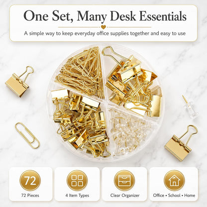 CREECHWA Paper Clips Binder Clips and Push Pin Set, 72-Piece Assorted Size Desk Organizer Kit, Gold