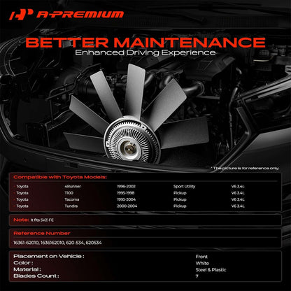 A-Premium Engine Radiator Cooling Fan Blade | 7-Blade Front-Side Replacement for Toyota 4Runner, T100, Tacoma & Tundra V6 3.4L