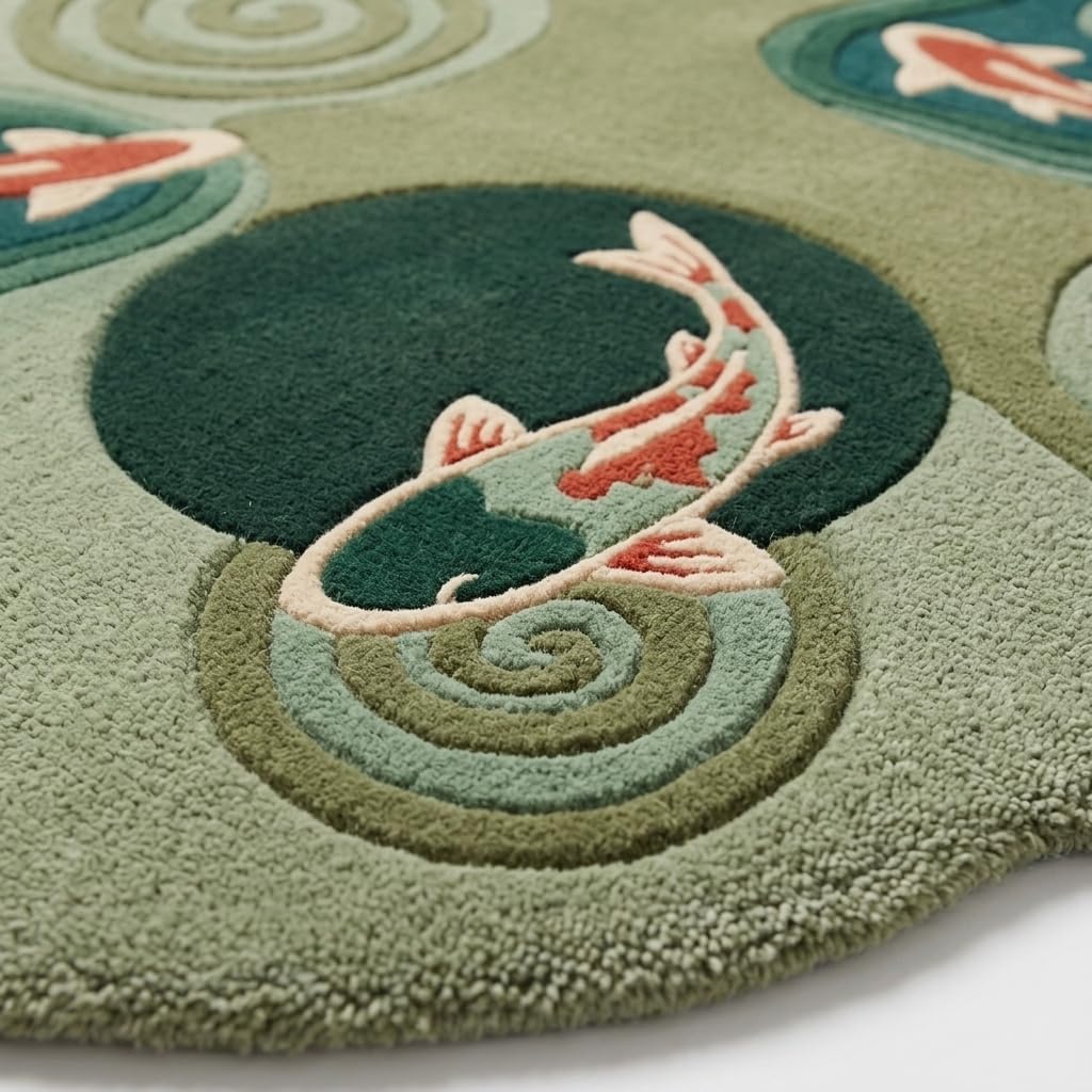 Koi Fish Pond Shaped Wool Rug, Hand-Tufted Green Zen Garden Area Rug with Koi & Water Spirals, Japanese Irregular Carpet for Living Room & Bedroom, Feng Shui Decor, 7x10 ft (213 x 304 cm)
