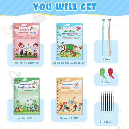 CosyCorner Magic Ink Copybooks for Kids, 4-Pack Reusable Handwriting Workbooks with 3D Grooves, Pen Holding Aid, Letters, Numbers & Math Practice