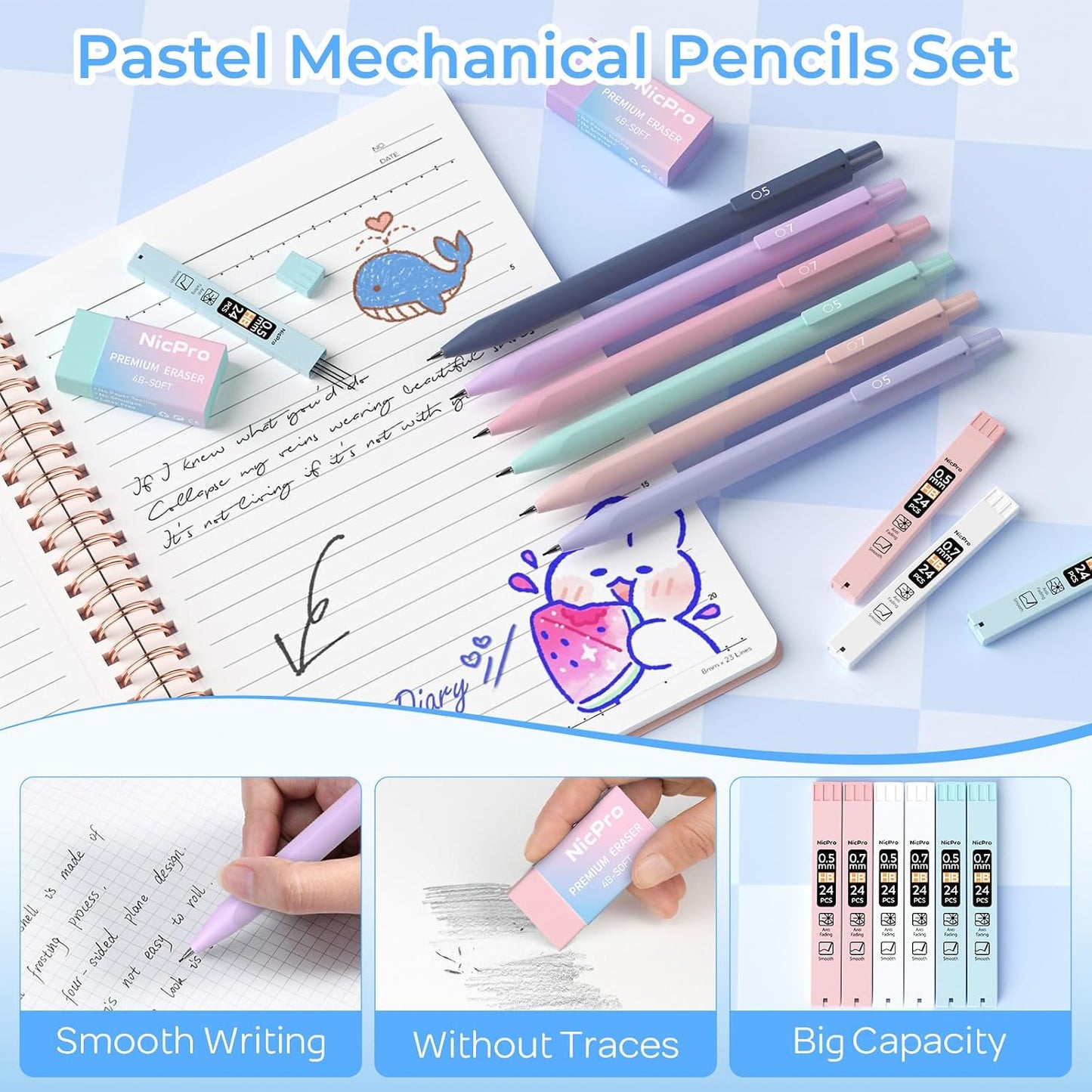 Nicpro 50PCS Cute Spiral Notebook Stationery Set for Women, A5 Notebooks with Mechanical Pencils, Gel Pens, Highlighters, Sticky Notes and Index Tabs