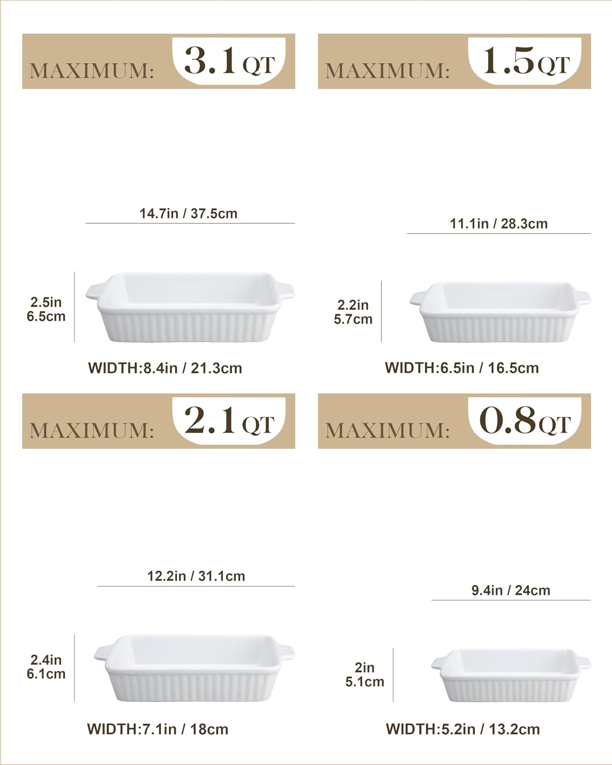 MALACASA Casserole Dishes for Oven, Ceramic Baking Dishes Set of 4, White Rectangular Deep Lasagna Pans with Handles for Roasting Vegetable, Cake, Durable Bakeware, Wedding Gift(9.4/11.1/12.2/14.7")