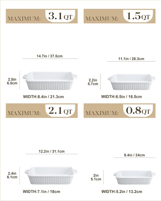 MALACASA Casserole Dishes for Oven, Ceramic Baking Dishes Set of 4, White Rectangular Deep Lasagna Pans with Handles for Roasting Vegetable, Cake, Durable Bakeware, Wedding Gift(9.4/11.1/12.2/14.7")
