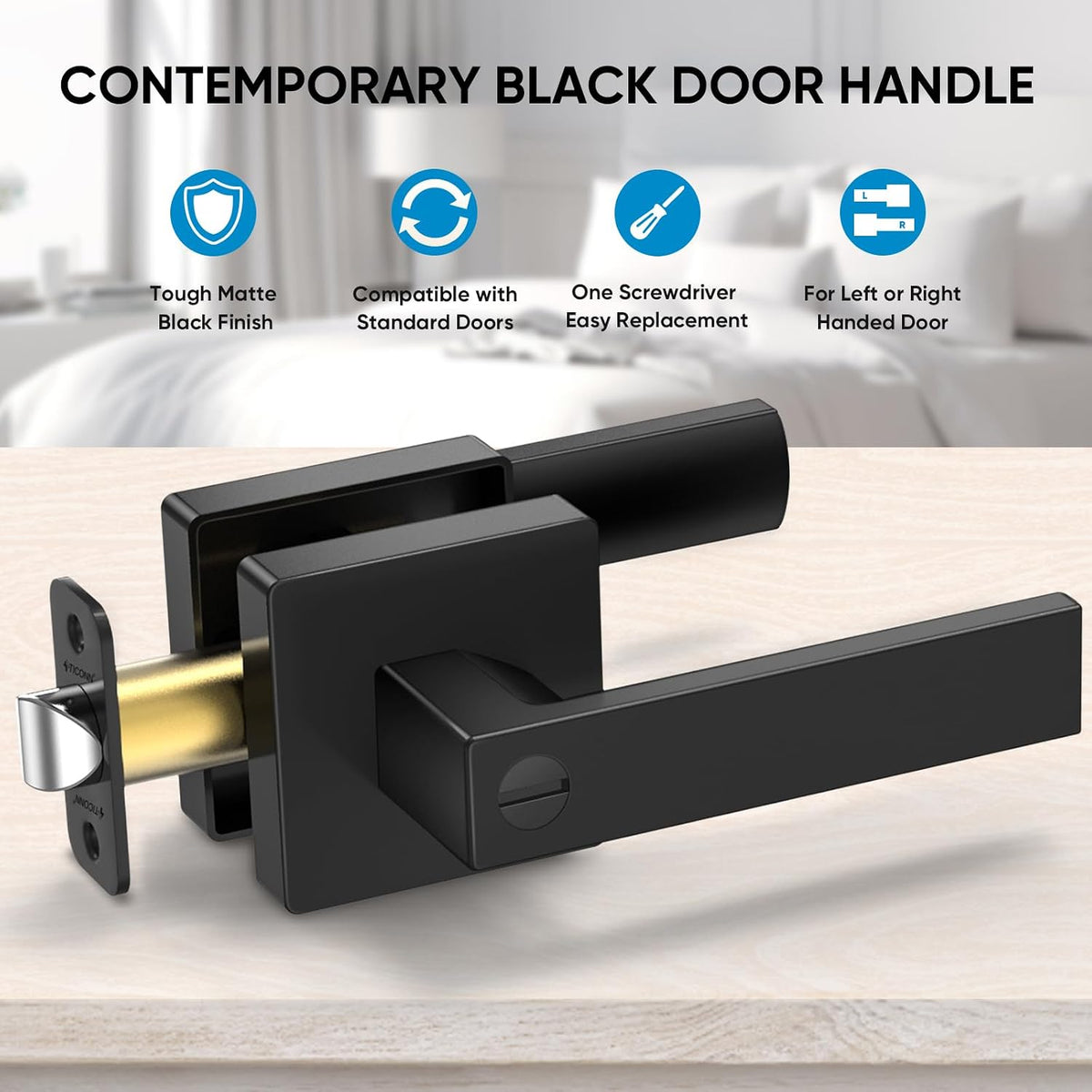 TICONN 5PK Matte Black Door Handles Interior, Reversible Square Door Levers Knob for Hallway, Bedroom, Bathroom (with Lock, 5PK Privacy)