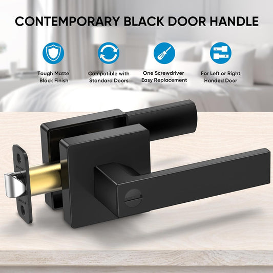 TICONN 5PK Matte Black Door Handles Interior, Reversible Square Door Levers Knob for Hallway, Bedroom, Bathroom (with Lock, 5PK Privacy)