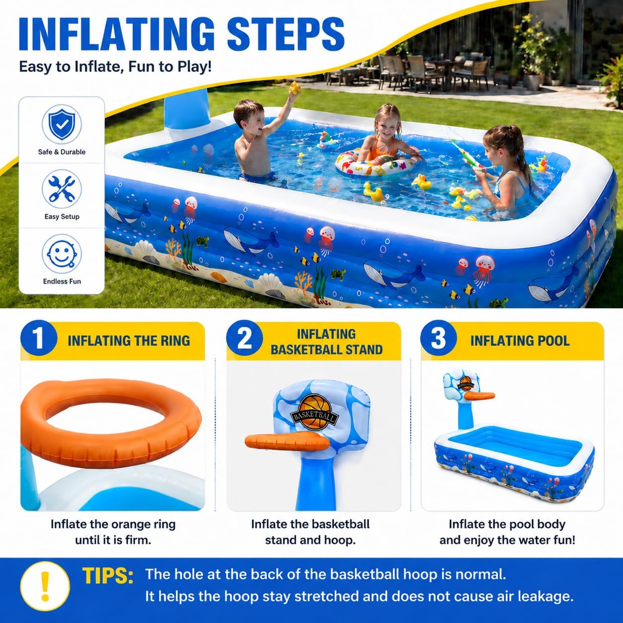 Inflatable Swimming Pool, 120" x 72" x 24", 380-Gallon Rectangular Family Pool with Thickened PVC, Anti-Slip Inflatable Floor for Kids & Adults, Backyard Garden Lawn