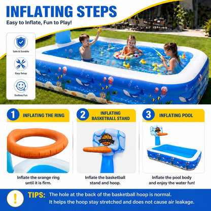 Inflatable Swimming Pool, 120" x 72" x 24", 380-Gallon Rectangular Family Pool with Thickened PVC, Anti-Slip Inflatable Floor for Kids & Adults, Backyard Garden Lawn