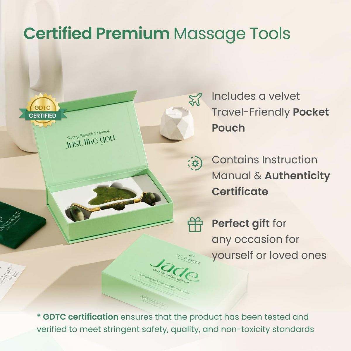 PLANTIFIQUE Jade Gua Sha Facial Tool & Face Roller Set, Authentic Jade Facial Massage Tools with Giftable Box