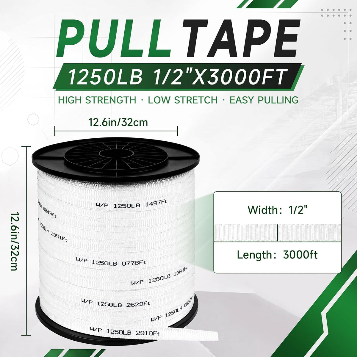 Woanger 1250 lb Pull Tape, 1/2 Inch x 3000 ft Polyester Pull Tape Heavy Duty Flat Rope, Printed Footage Markings, Cable Wire Pulling Webbing, for Electrical, Industrial and Construction Use