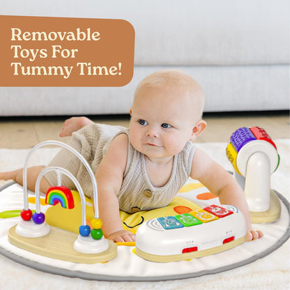 Little Acorn 4-in-1 Baby Activity Center, Montessori-Inspired Wooden Activity Center with 8 Interactive Toys, Tummy Time Mat, Activity Seat & Toddler Table, Sun