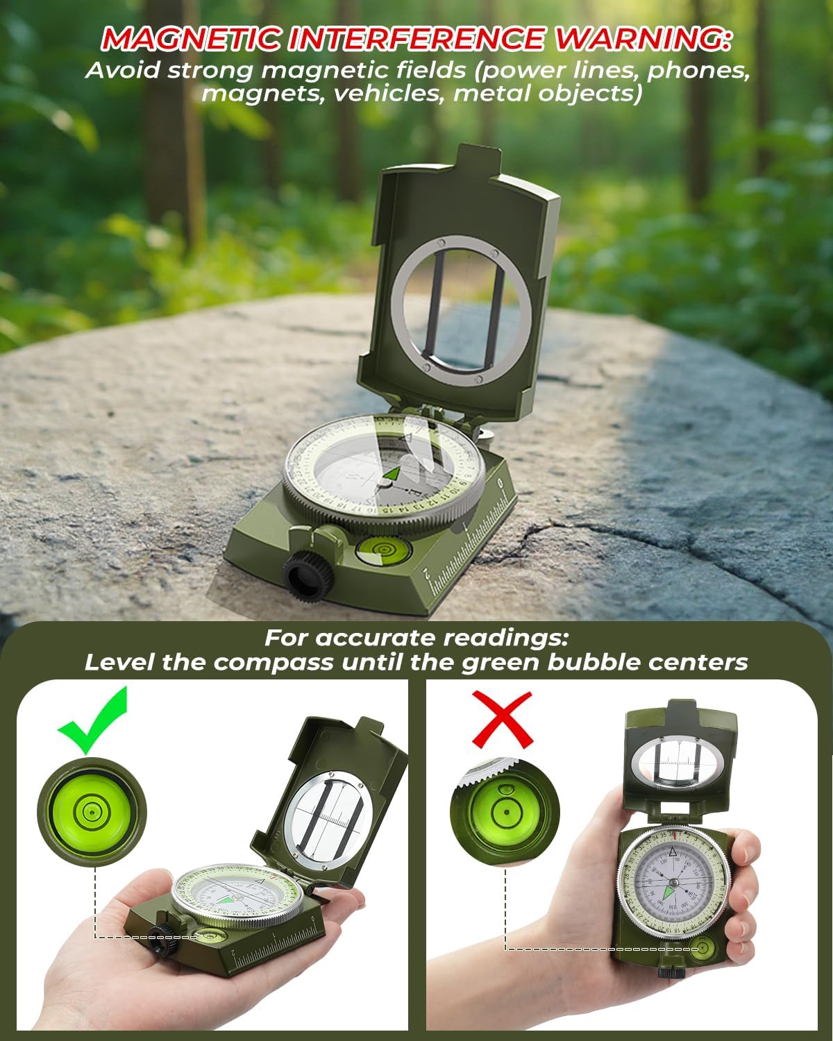 Sportneer Compass, Accurate Lightweight Orienteering Compass with Strap & Carrying Case, Waterproof Metal Hiking Compass with Glow-in-the-Dark Dial for Camping, Hiking & Backpacking