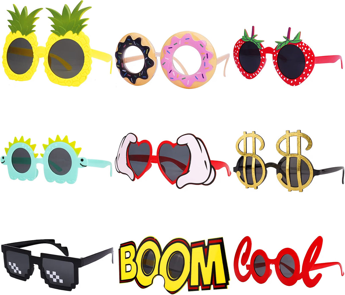 WATSELOK Hawaiian Party Sunglasses, 9-Pair Luau Novelty Glasses Set, Funny Photo Booth Props & Summer Party Favors for Kids & Adults, Multicolor