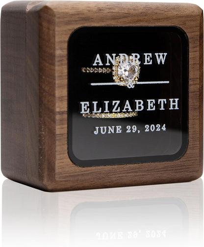 MUUJEE Custom Walnut Ring Bearer Box with Glass Lid, Double Flip 2-Compartment Ring Box with Velvet Interior, Personalized Wedding & Engagement Ring Holder, Custom 2