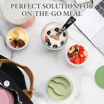 SOLIGT Overnight Oats Containers, 4-Pack 16oz Meal Prep Glass Jars with Lids, Folding Spoons & Divided Fruit and Nut Compartments, Leakproof Reusable Food Storage Set