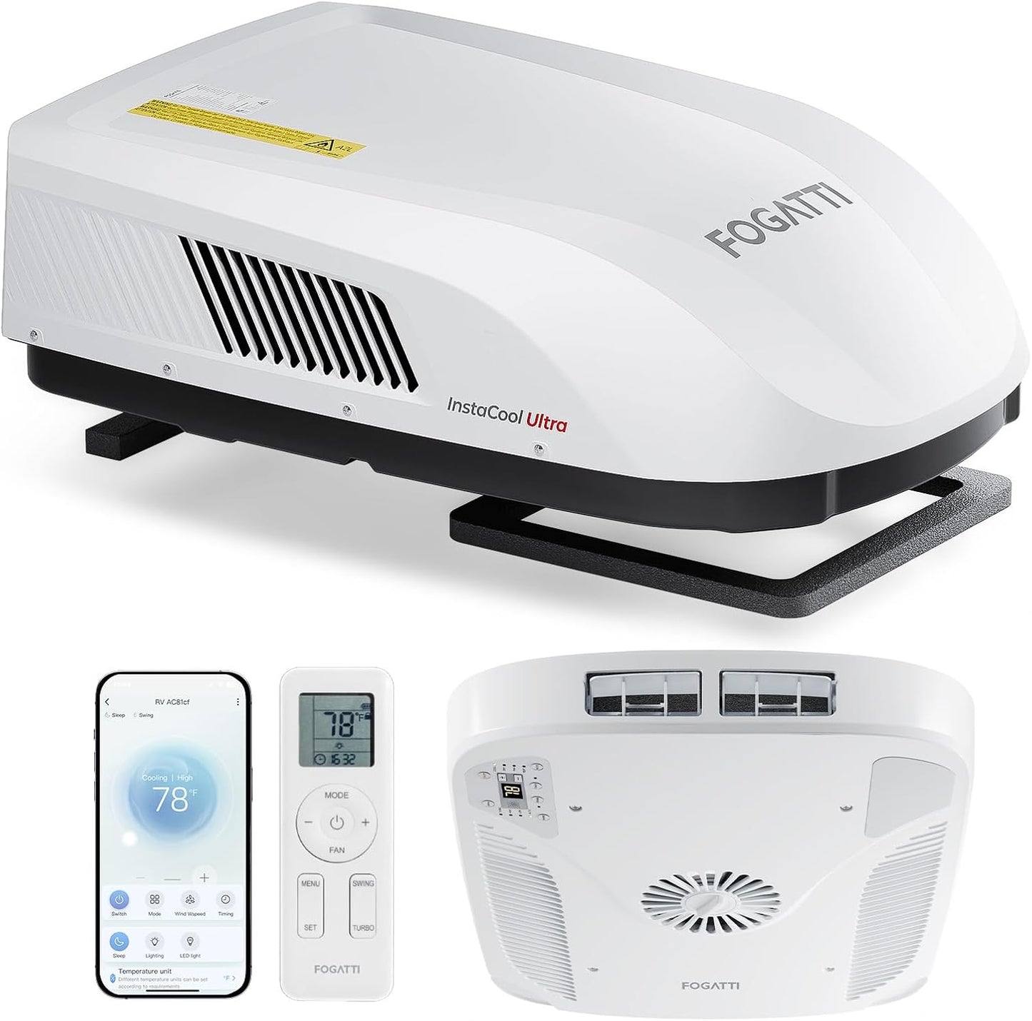 FOGATTI RV AC Unit 16K BTU, with Heat Pump, Non-Ducted, White APP & WiFi Control, Low-Profile Rooftop RV, Energy-Efficient Cooling, Quiet Operation, Fits Trailers Campers, ETL Certified
