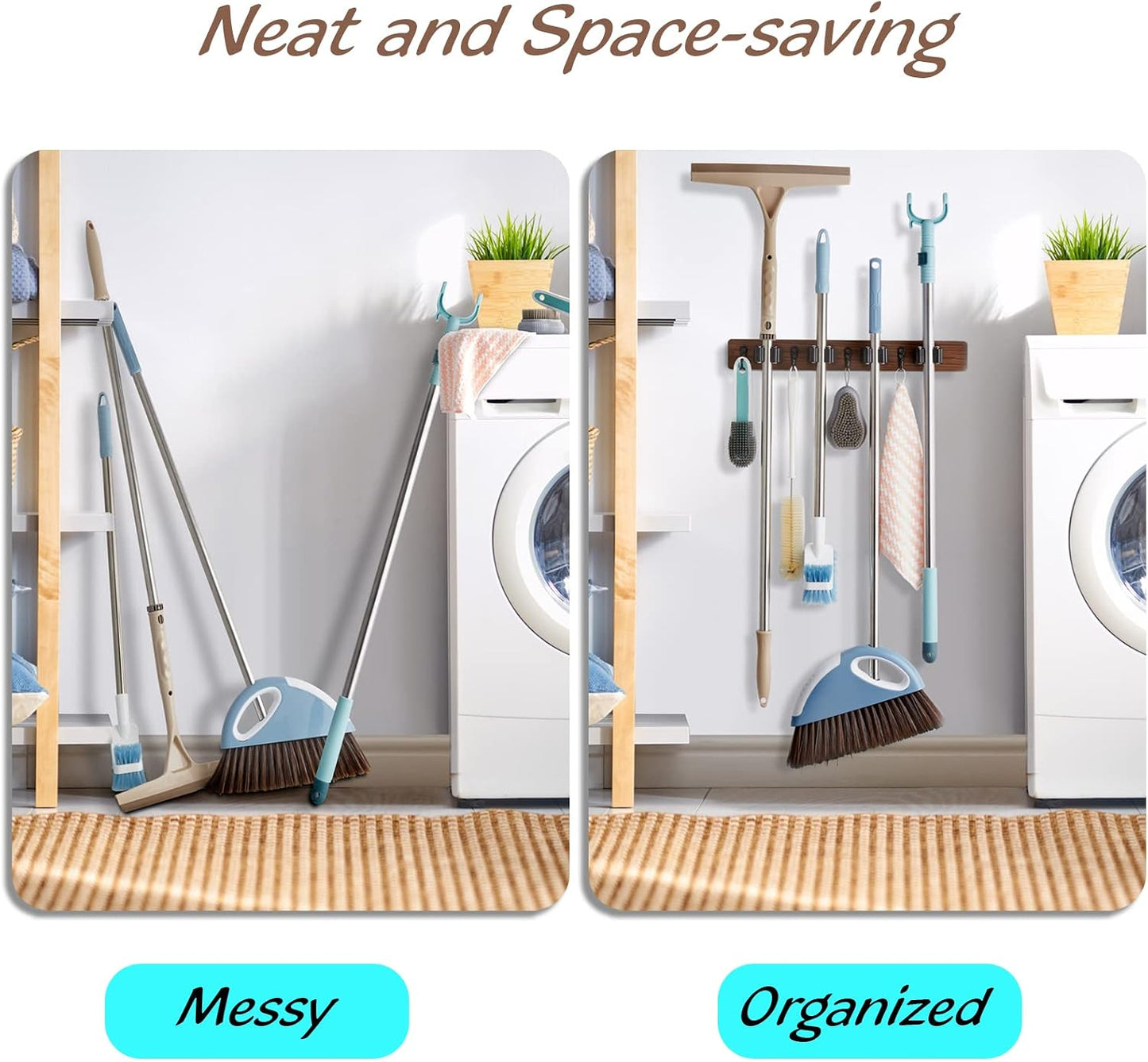 OUTNILI Mop and Broom Holder Wall Mount, Wood Broom Mop Hanger, Wall Mounted Garden Tool Rack Organizer, Rustic Kitchen Decor, 4 Slots & 4 Hooks, Brown