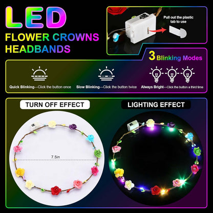 HONLYNE 54-Pack LED Flower Crown Headbands, Light-Up Flower Crowns with 3 Flash Modes, Adjustable Glow Headbands for Kids & Adults, Wedding, Birthday, Halloween & Parties