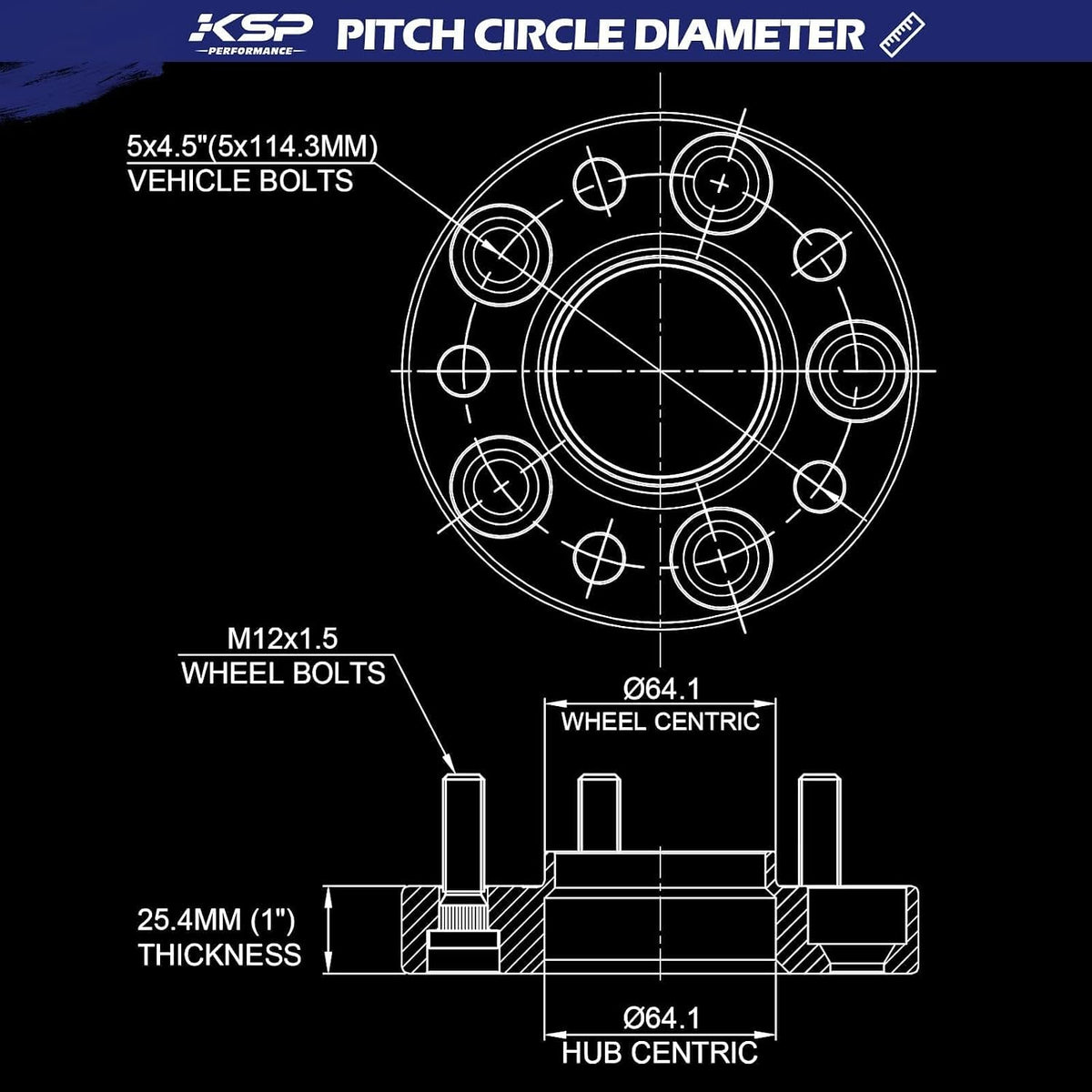 KSP 5x4.5 1inch Wheel Spacers for Hon-da Civic Accord Element CR-V & Acura MDX TLX TSX ILX RSX CL, 1 Inch 5x114.3mm Hubcentric Forged Spacers 64.1mm Bore M12x1.5 Studs 5-Lug Wheel Spacer Kit (4pcs)
