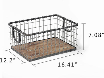 HyperionFlo Essentials 16-Inch Farmhouse Metal Wire Storage Basket with Wooden Bottom, Sturdy Hand-Welded Organizer for Shelves, Closets & Home Storage
