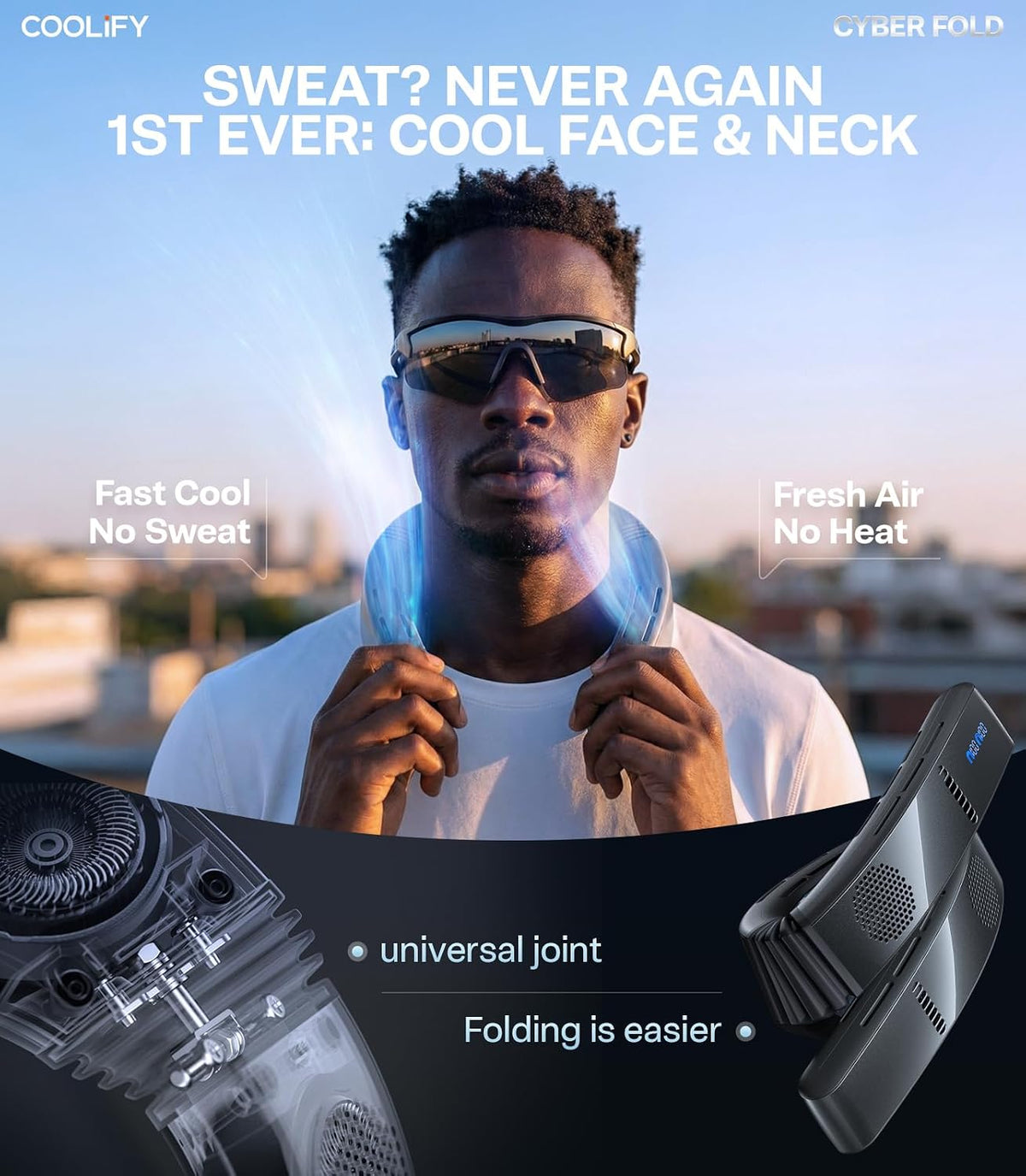 TORRAS COOLiFY 2026 Cyber Fold AI Neck Air Conditioner, Max Cooling Area Neck & Face Cooler with Adjustable Strong Wind, Rechargeable Neck Fan for Travel Gift for Dad, Husband, Black