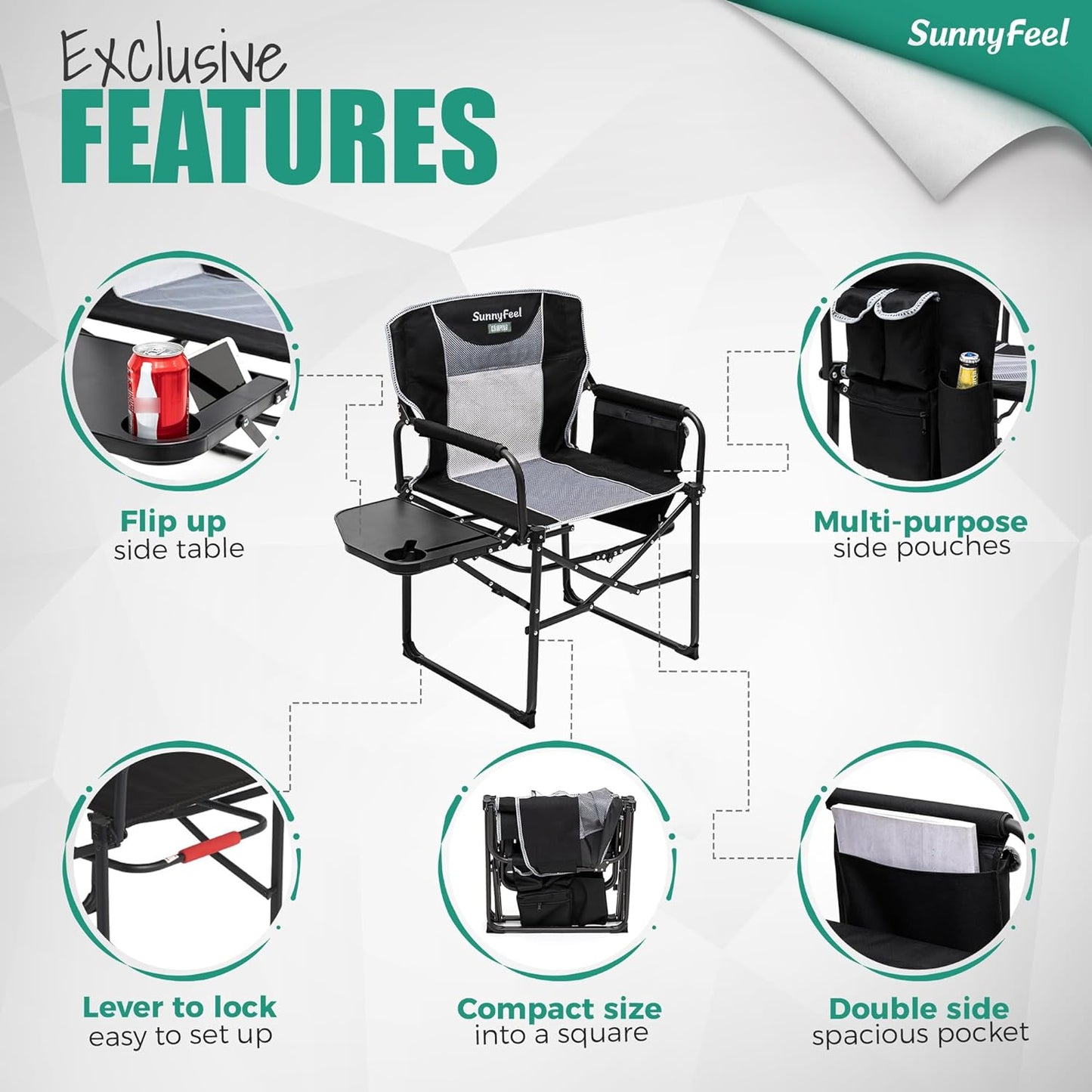 SUNNYFEEL Oversized Camping Chair Portable Directors Chairs with Side Table Heavy Duty Folding Lawn Chair for Adults 300LBS with Compact Size, Breathable Mesh, Pocket & Carry Bag for Outdoor, Lawn, RV