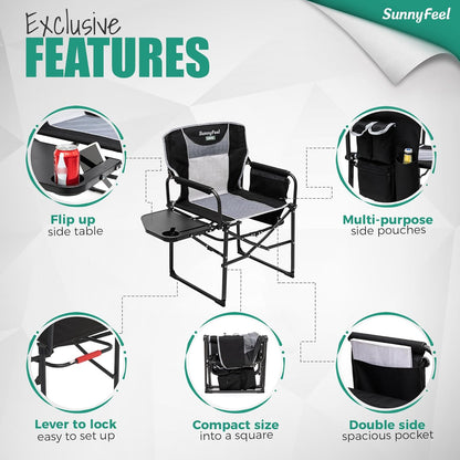 SUNNYFEEL Oversized Camping Chair Portable Directors Chairs with Side Table Heavy Duty Folding Lawn Chair for Adults 300LBS with Compact Size, Breathable Mesh, Pocket & Carry Bag for Outdoor, Lawn, RV