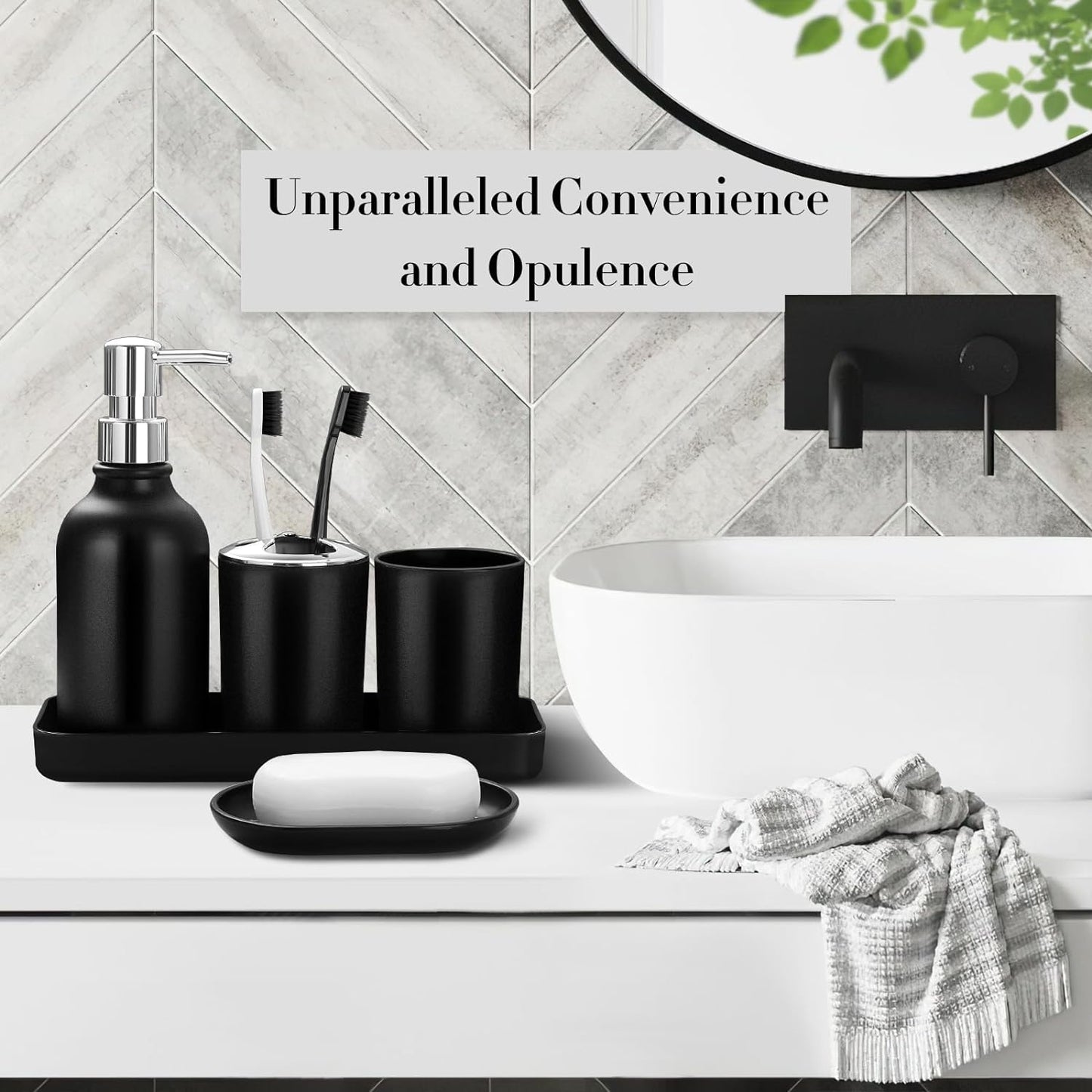 Black Bathroom Accessories Set, 10Pcs Bathroom Accessory Set with Trash Can, Soap Dispenser and Toothbrush Holder, Soap Dish, Cotton Ball & Qtip Holder, Toilet Brush Holder, Tissue Box Cover