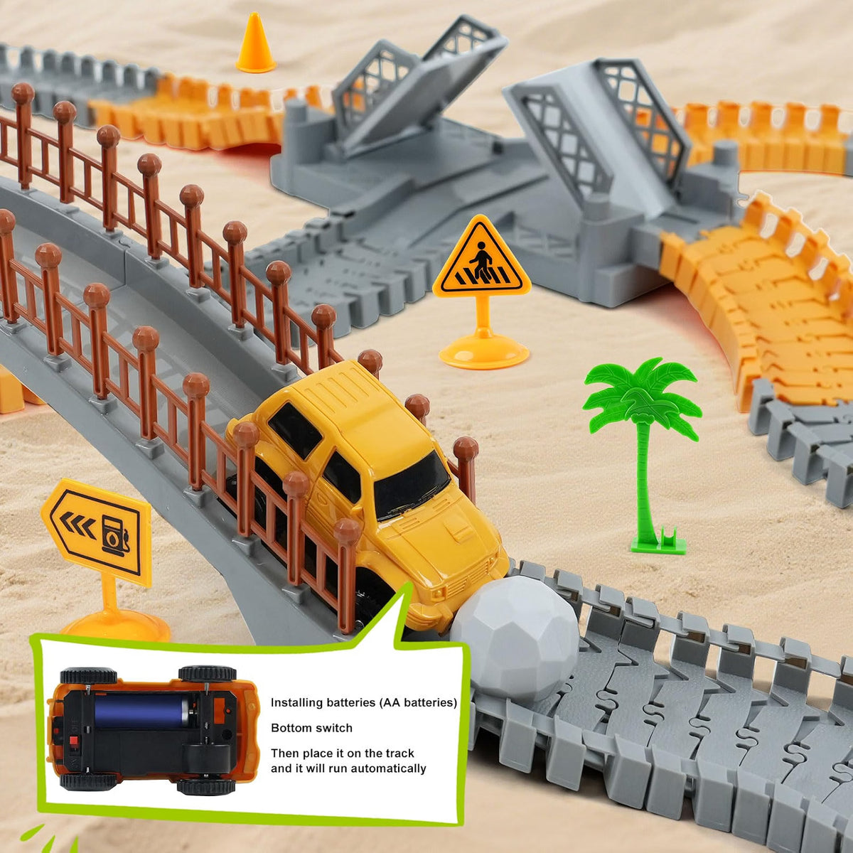 TGJH Construction Race Car Track Set for Kids, 220+ Piece Flexible Engineering Toy with 2 Electric Cars and 3 Construction Trucks, DIY Building Track Playset for Ages 3–7