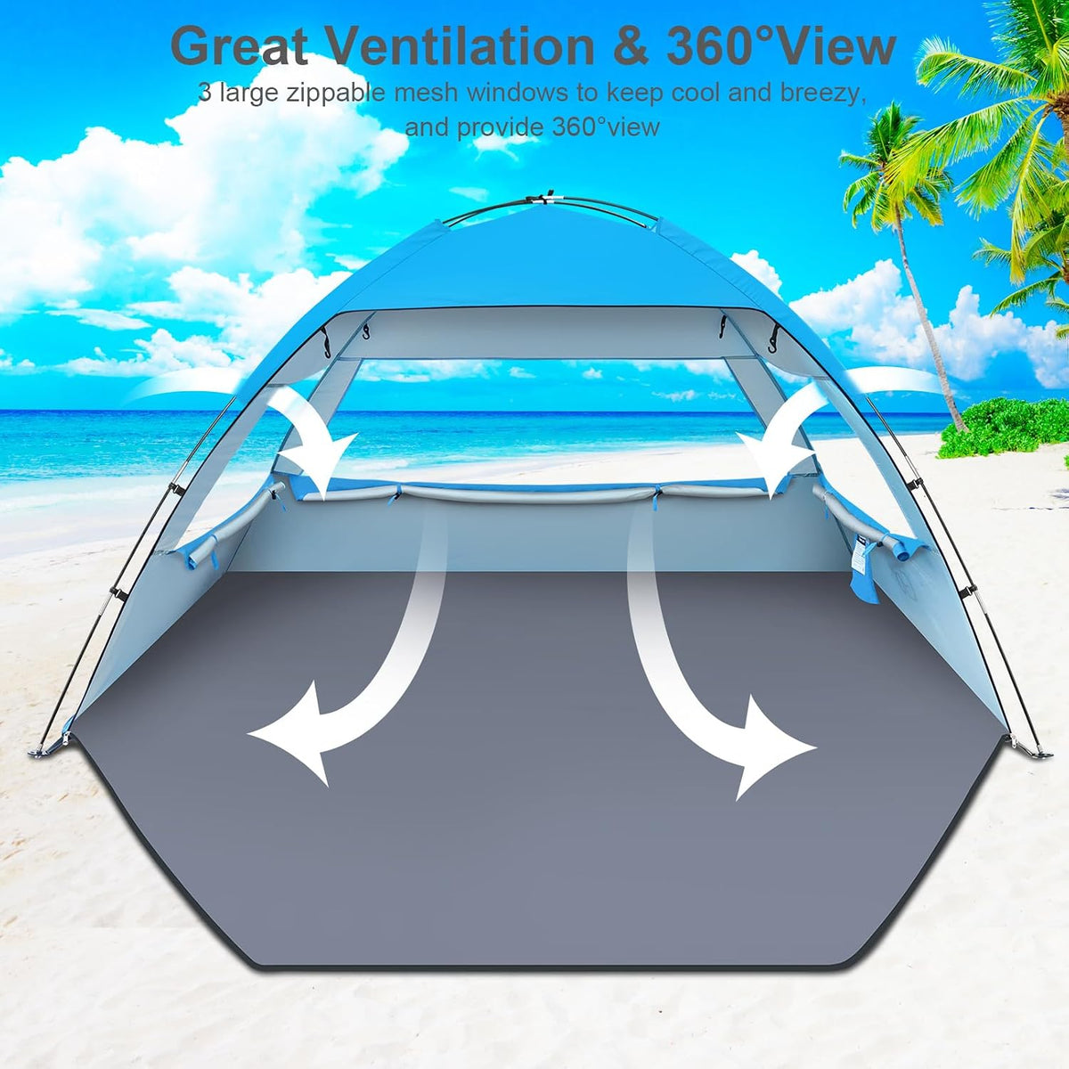 Gorich Beach Tent Sun Shelter for 3–4 Person, UPF 50+ UV Protection, Portable Beach Shade Canopy with Fiberglass Frame, Mesh Windows & Carrying Bag, Blue