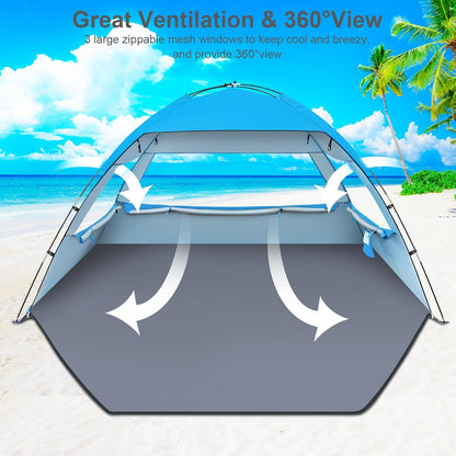 Gorich Beach Tent Sun Shelter for 3–4 Person, UPF 50+ UV Protection, Portable Beach Shade Canopy with Fiberglass Frame, Mesh Windows & Carrying Bag, Blue