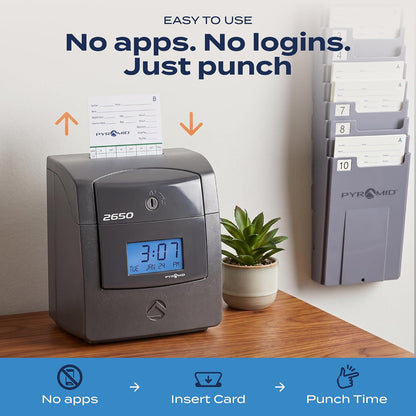 Pyramid Time Systems 2650 Auto-Aligning Punch Clock | Employee Time Clock with 25 Time Cards & Security Lock