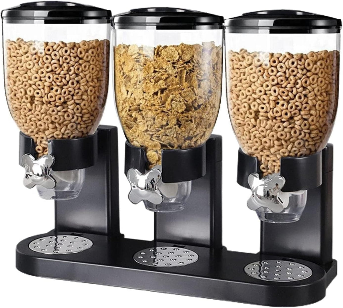 HyperionFlo Essentials Triple Food Dispenser, 2-Liter Dry Food Storage Container, Airtight Cereal, Candy, Nut & Granola Dispenser, Black