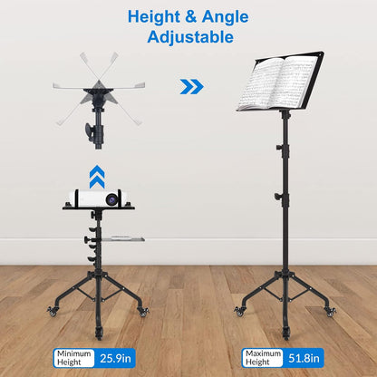 Tossbiss Laptop Tripod on Wheels with 2 Shelves Portable Projector Floor Stand Adjustable Height 25.9 to 51.8 Inch with Phone Holder, Projector Stand