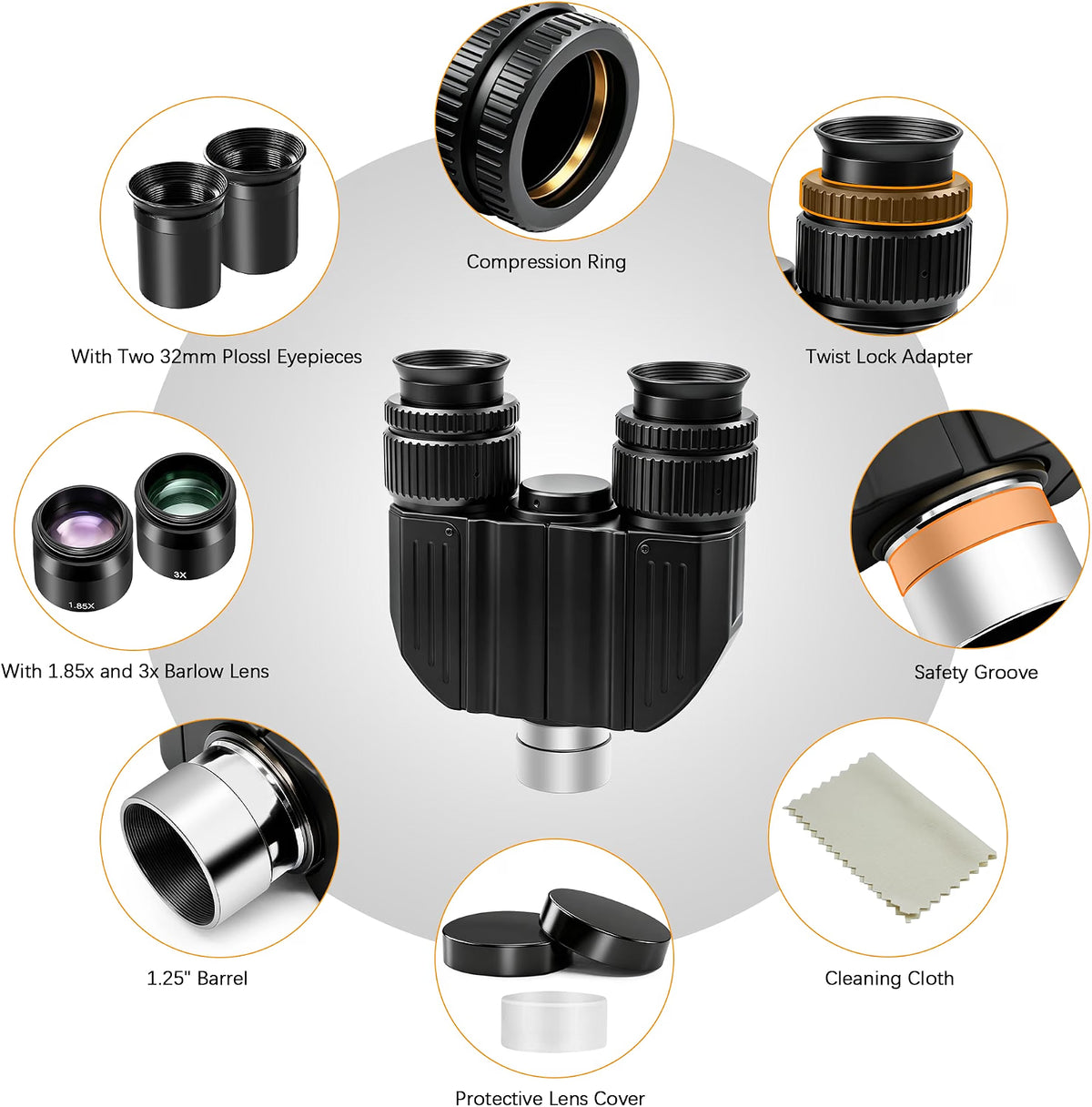 Astromania Stereo Binoviewer for 1.25" Telescope Eyepieces, Binocular Viewer with Two 32mm Plossl Eyepieces, 1.85x & 3x Correctors, Multi-Coated BAK-4 Prisms