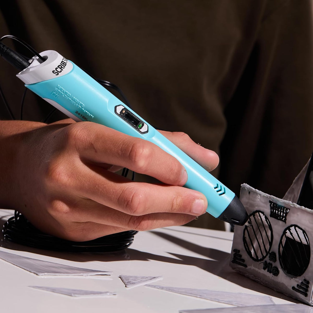 SCRIB3D P1 3D Printing Pen with Display, 3 Starter PLA Colors, Stencil Book & Project Guide, Adjustable Temperature & Stepless Speed Control, Blue White Black