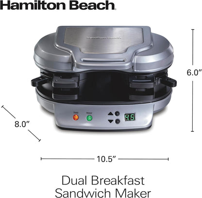Hamilton Beach Dual Breakfast Sandwich Maker with Egg Cooker Rings & Timer Perfect for English Muffins, Croissants, Mini Waffles | Customizable & Fast |PFAS-Free | Silver | 25490MNA