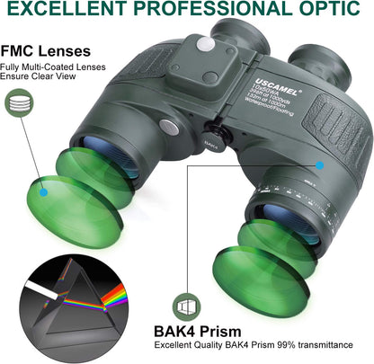USCAMEL 10X50 Marine Binoculars for Adults, IPX7 Waterproof Binoculars with Illuminated Compass & Rangefinder, BAK4 Prism, Fully Multi-Coated, for Sailing, Boating, Fishing & Outdoor Use