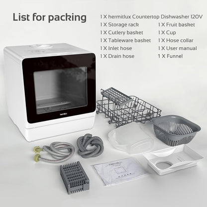 Hermitlux Countertop Dishwasher, 7 Washing Programs Portable Dishwasher Mini Dishwashers with 5-Liter Built-in Water Tank , Glass Door, LED Light, No Hookup Needed for RV & Apartment Use
