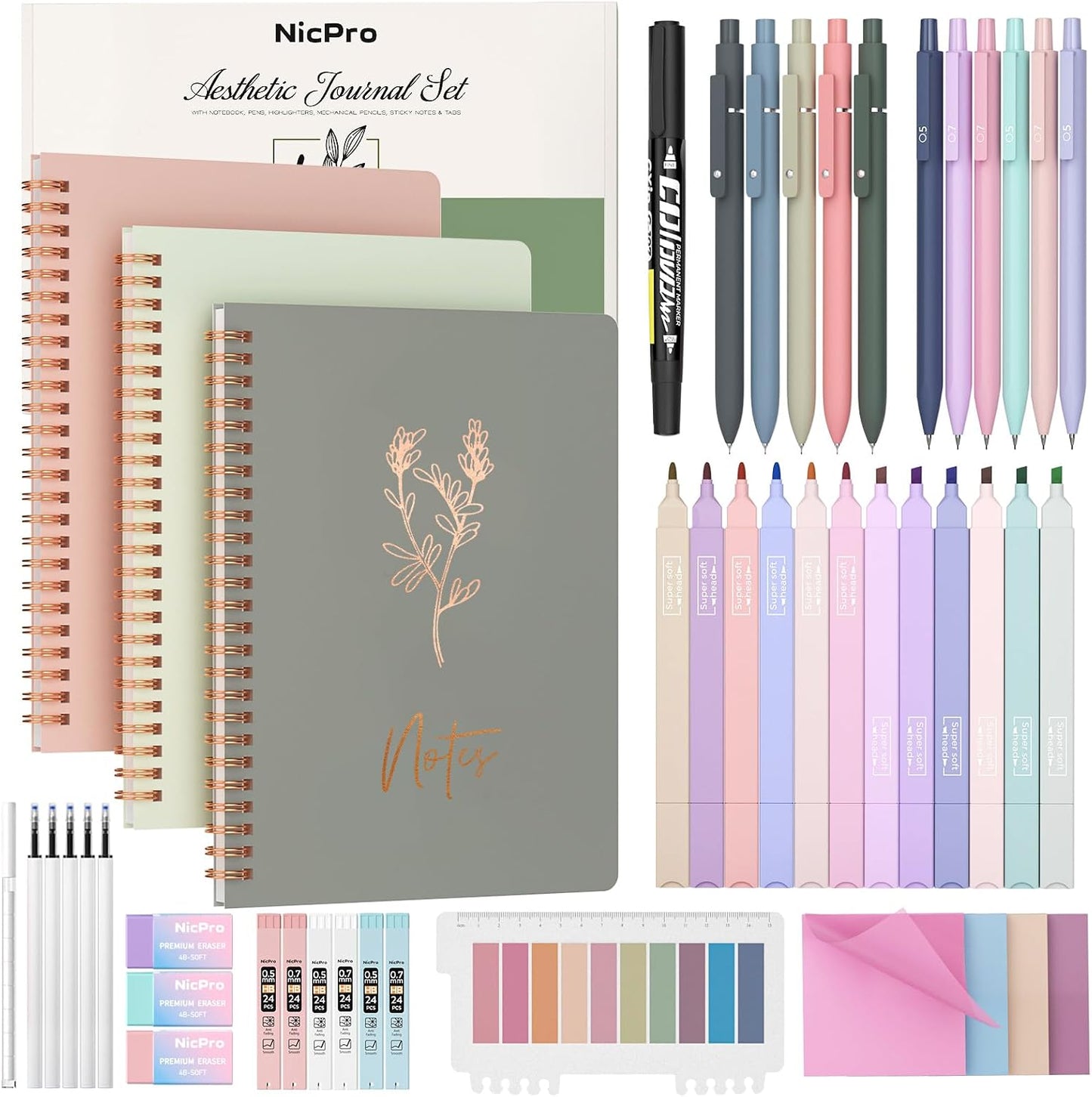 Nicpro 50PCS Cute Spiral Notebook Stationery Set for Women, A5 Notebooks with Mechanical Pencils, Gel Pens, Highlighters, Sticky Notes and Index Tabs