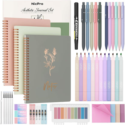 Nicpro 50PCS Cute Spiral Notebook Stationery Set for Women, A5 Notebooks with Mechanical Pencils, Gel Pens, Highlighters, Sticky Notes and Index Tabs