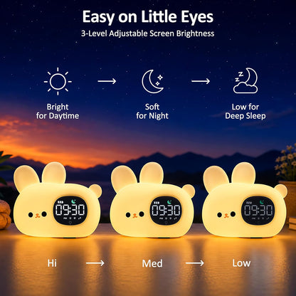 Aokpsrt Bunny Kids Alarm Clock with Night Light, OK to Wake Toddler Sleep Training Clock, Dual Alarm, White Noise, Multicolor Night Light, White
