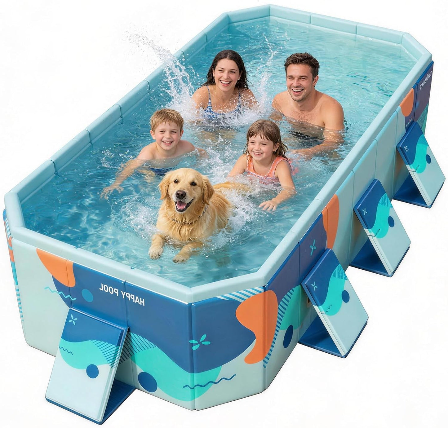 Large Foldable Swimming Kiddie Pool 83" x 55" x 22", Hard Plastic Rectangular Pool for Kids and Dogs, Reinforced Sidewalls, Portable Non-Inflatable Pool with Drain Hole for Backyard and Outdoor Use, Blue