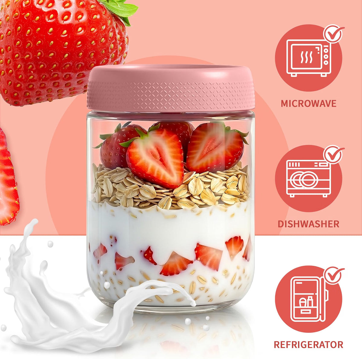 SECLENT Overnight Oats Containers with Lids, 6-Pack 16 oz Glass Mason Jars, Airtight Wide-Mouth Food Storage Jars for Yogurt, Chia Pudding & Meal Prep